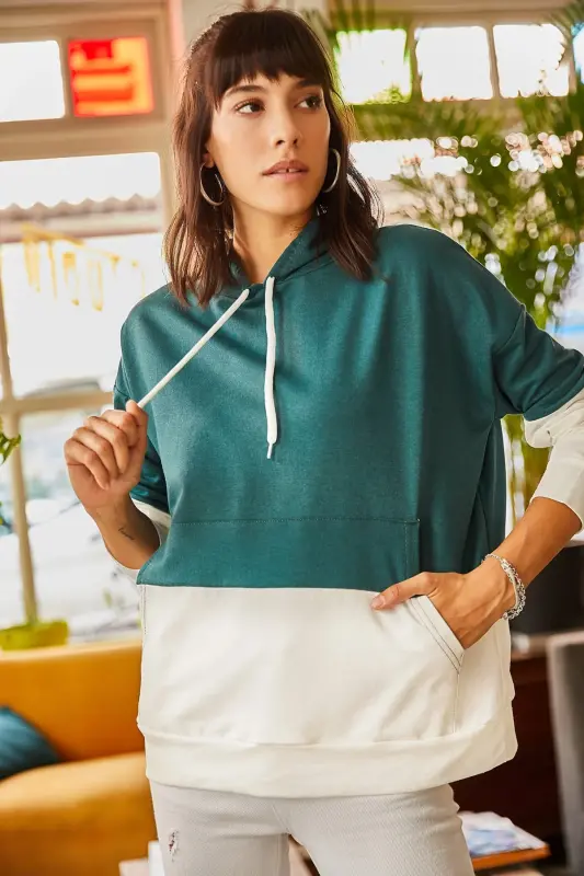 Ayol Zumrad Yashili 2 Rangli Haddi o‘lchamli Kapüşonli Sweatshirt SWT-19000228-Zumrad Yashili - 6
