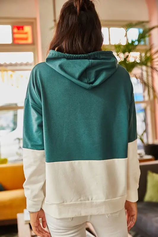 Ayol Zumrad Yashili 2 Rangli Haddi o‘lchamli Kapüşonli Sweatshirt SWT-19000228-Zumrad Yashili - 7