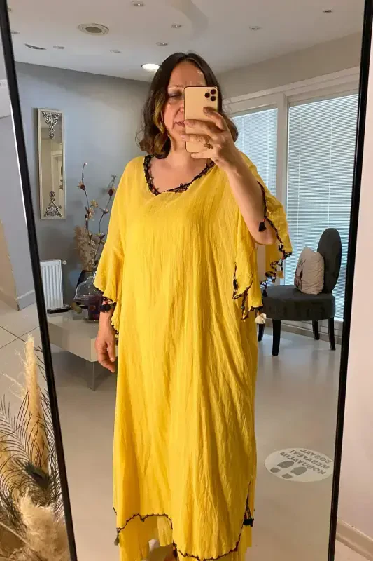 Ayollar 100% paxta yozgi qolsiz koʻylak Hardal Sariq GLS16 - 5