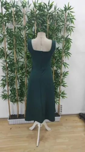 Ayollar Askılı Kvadrat Yoqali Midi Import Krep Ko'ylak - 9