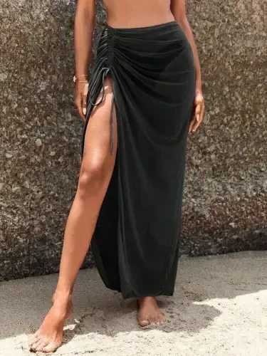 Ayollar Baland Bel Yon tomonidan Büzgülü Uzun Tül Detalli Pareo - 4