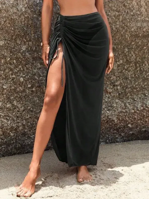 Ayollar Baland Bel Yon tomonidan Büzgülü Uzun Tül Detalli Pareo - 4