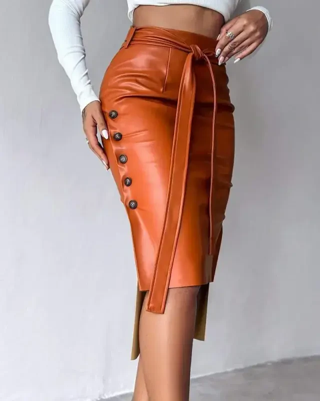 Ayollar baland belli kamarga ega yon tomonlaridan tugmachali mini charm yubka - 5