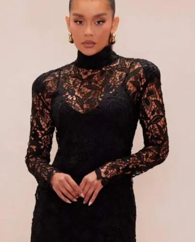 Ayollar baliqchi yoqa to'liq krujeva gipyur mini ko'ylak - BÜYÜKBEDENIZ (1)