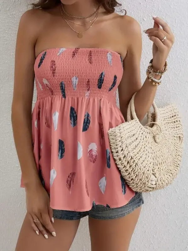 Ayollar barg naqshli ko'kragi gipelli mosskrep straplez bluzkasi - 4