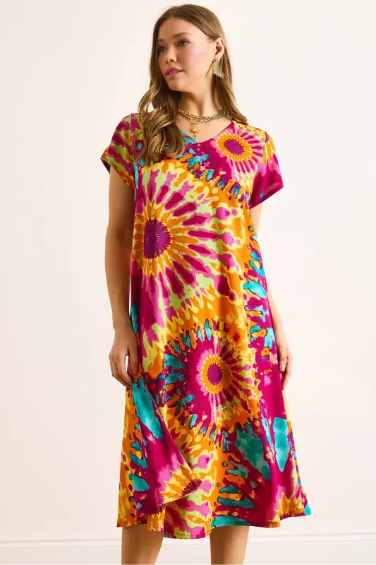 Ayollar Batik Rangli V Bo'yin naqshli to'quv Viskoz Midi Qo'ng'iroq Ko'ylak ELB-19002443-Batik Rangli - 3