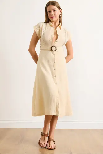 Ayollar Bej Astarlik Kamarli Muslin Ko'ylak Libos ELB-19002423-Bej 