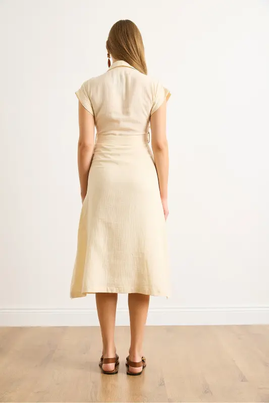 Ayollar Bej Astarlik Kamarli Muslin Ko'ylak Libos ELB-19002423-Bej - 5
