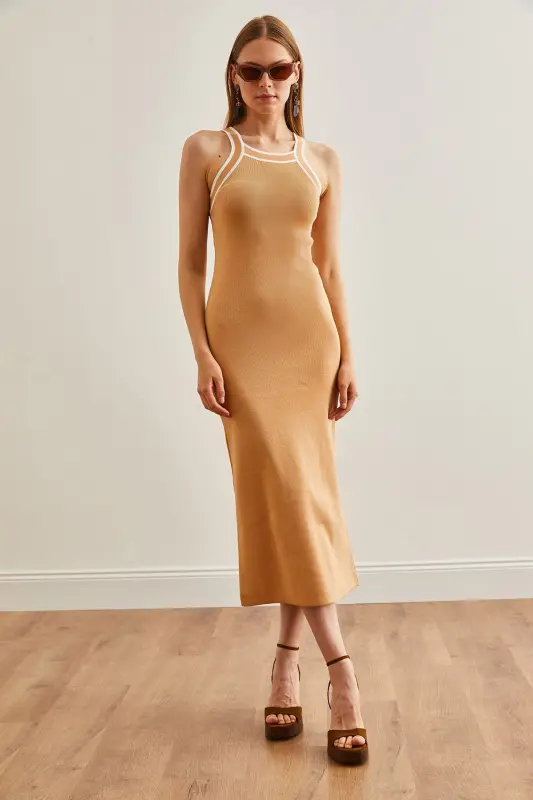 Ayollar Bej Halter Bo'yin Maxi Triko Ko'ylak ELB-19002070-Bej - 3