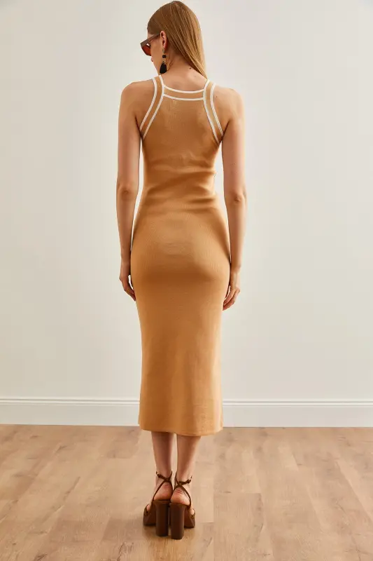 Ayollar Bej Halter Bo'yin Maxi Triko Ko'ylak ELB-19002070-Bej - 5