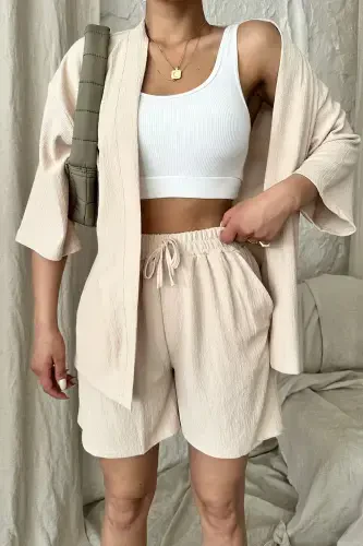 Ayollar Bej Kimono Ko'ylak Short Pastki Yuqori To'plam-BEJ - 1