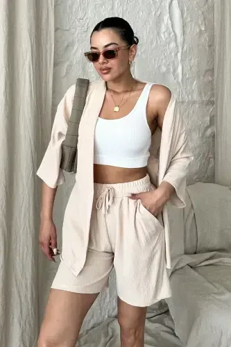 Ayollar Bej Kimono Ko'ylak Short Pastki Yuqori To'plam-BEJ - 3