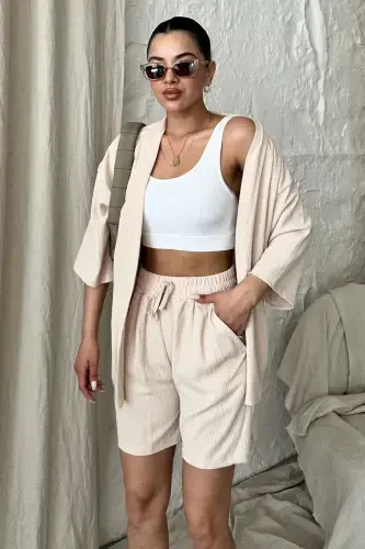 Ayollar Bej Kimono Ko'ylak Short Pastki Yuqori To'plam-BEJ - 4