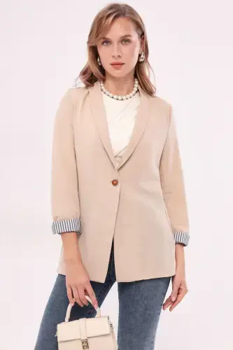 Ayollar bej qo'l ichi chiziqli bitta tugmali kurtka ARM-22K001122-Bej - 3