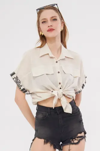 Ayollar bej rangli oversized ikki qolli detallı ko'ylak ARM-24 - 9