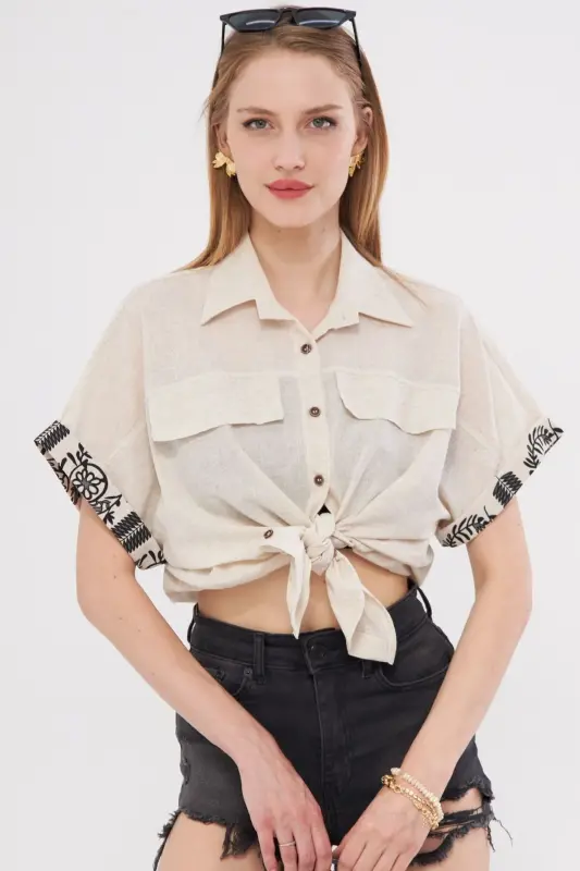 Ayollar bej rangli oversized ikki qolli detallı ko'ylak ARM-24 - 10