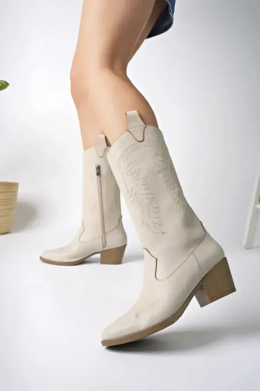 Ayollar bej teri kashtado'z yangi mavsum kovboy etiklari-Bej teri - BAKACSTORE