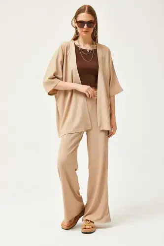 Ayollar Bej Ust Kimono Pastki Shimlar To'plami TKM-190002 - 3