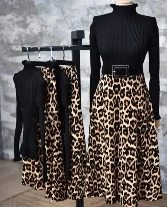 Ayollar beli lastikli leopard naqshli krep mato ajoyib yubka kamarsiz - BÜYÜKBEDENIZ