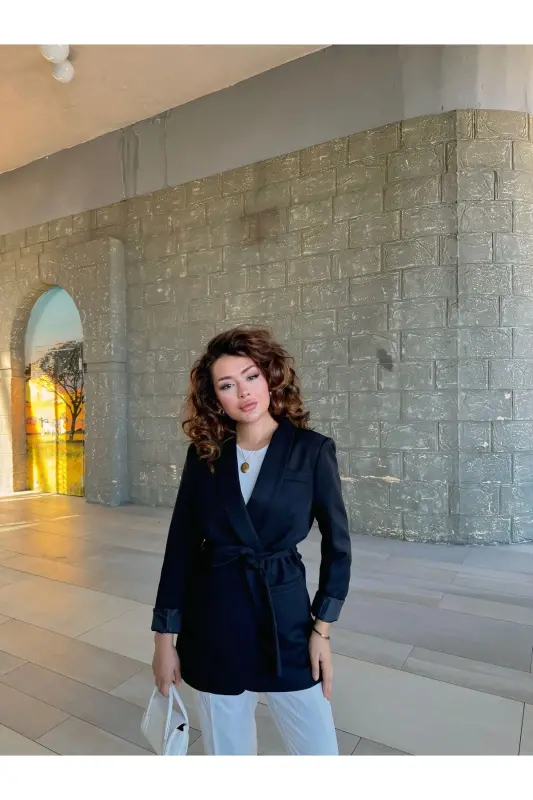 Ayollar Belidan Bog'lanadigan Blazer Kurtka - qora - 4