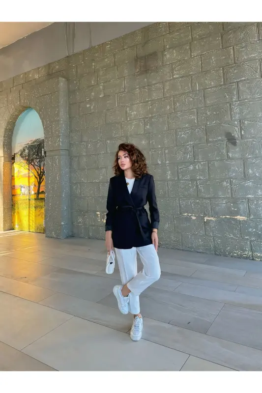 Ayollar Belidan Bog'lanadigan Blazer Kurtka - qora - 5
