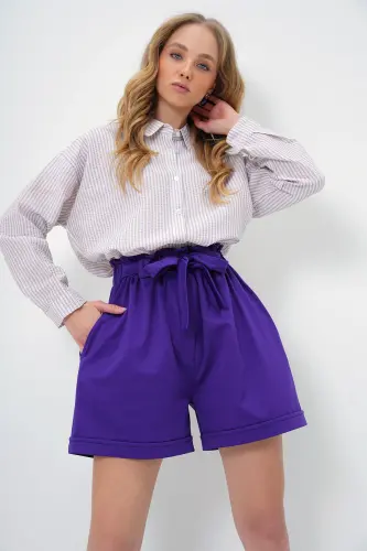 Ayollar Binafsha Bel Qismli Kamarli Juft Cho'ntak Duble Etekli Sabzi Gabardin Short ALC-X8450-Binafsha - 3