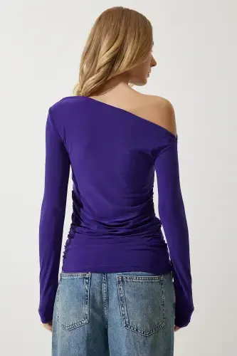 Ayollar Binafsha Drakli Yoqasi Büzgü Tafsilotli Bluz TO00073-Binafsha - 4