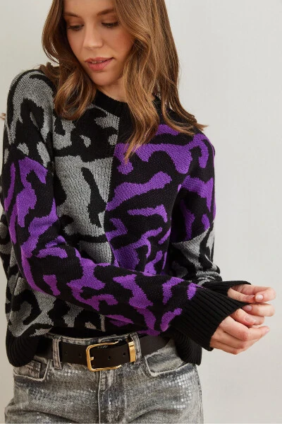 Ayollar binafsha rangli leopard blokli triko kozok KZK-19000832 - 1