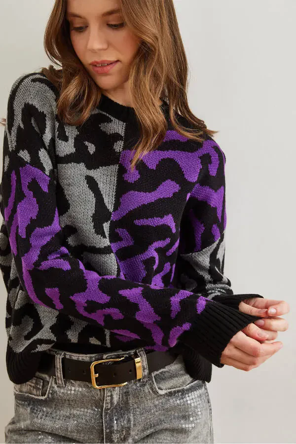 Ayollar binafsha rangli leopard blokli triko kozok KZK-19000832 - 1