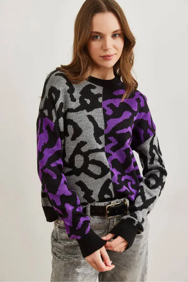 Ayollar binafsha rangli leopard blokli triko kozok KZK-19000832 - 2