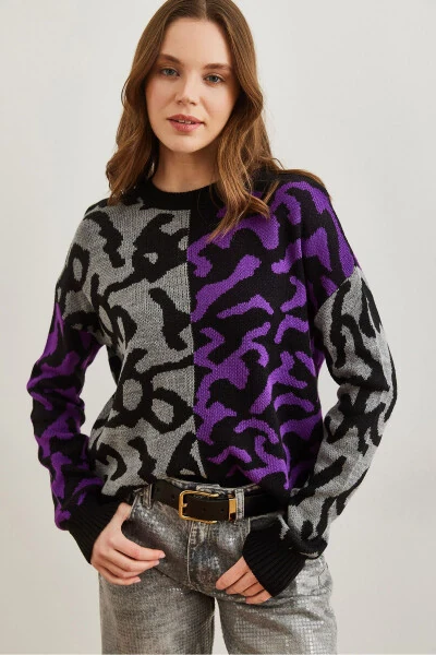 Ayollar binafsha rangli leopard blokli triko kozok KZK-19000832 - 3