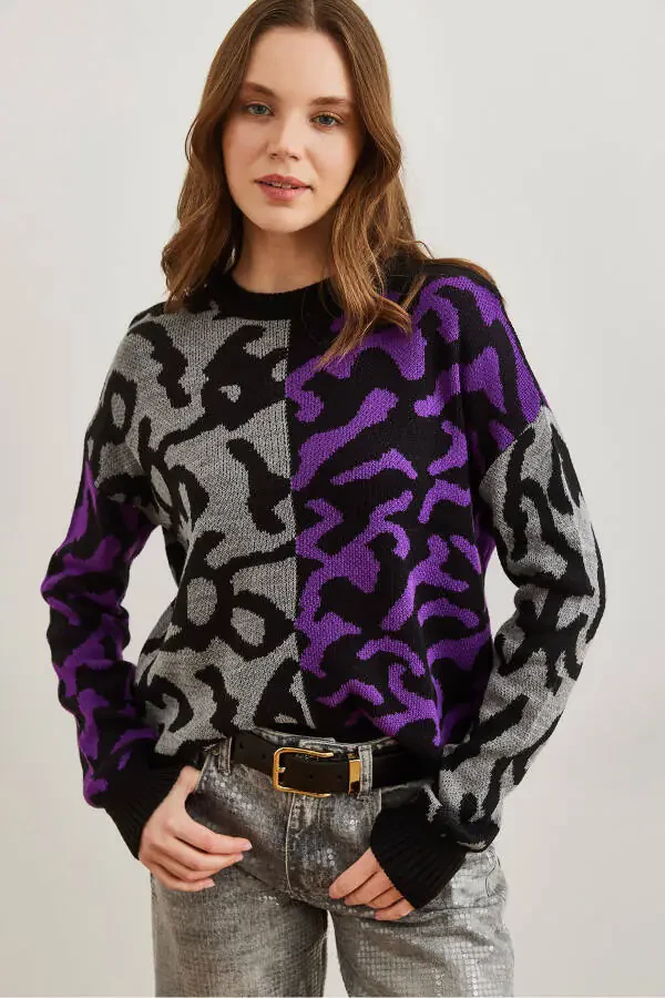 Ayollar binafsha rangli leopard blokli triko kozok KZK-19000832 - 3