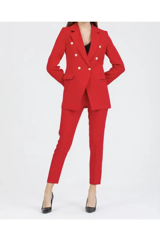Ayollar Blazer Kurtka Kamarli Shim Kostyum Qizil-Qizil - 2