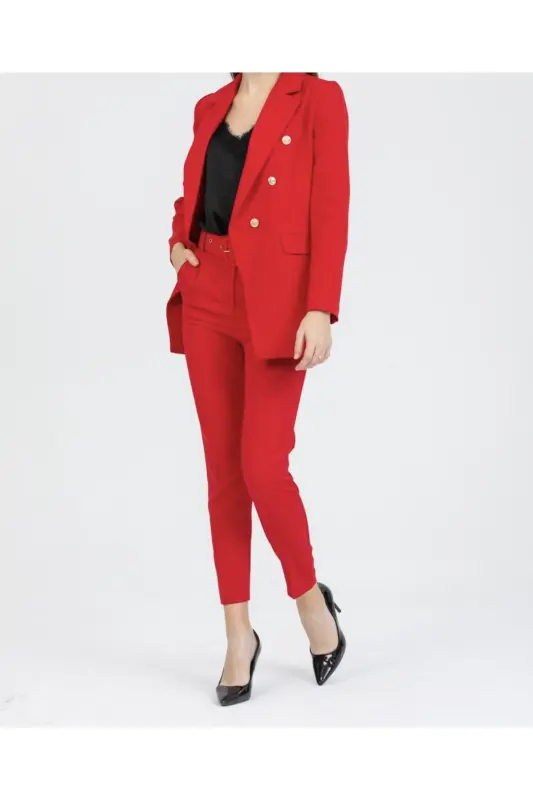 Ayollar Blazer Kurtka Kamarli Shim Kostyum Qizil-Qizil - 3