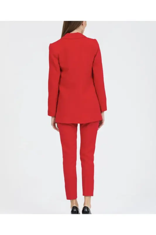 Ayollar Blazer Kurtka Kamarli Shim Kostyum Qizil-Qizil - 4