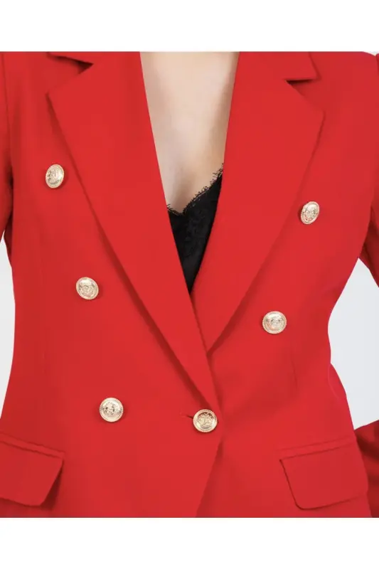 Ayollar Blazer Kurtka Kamarli Shim Kostyum Qizil-Qizil - 6