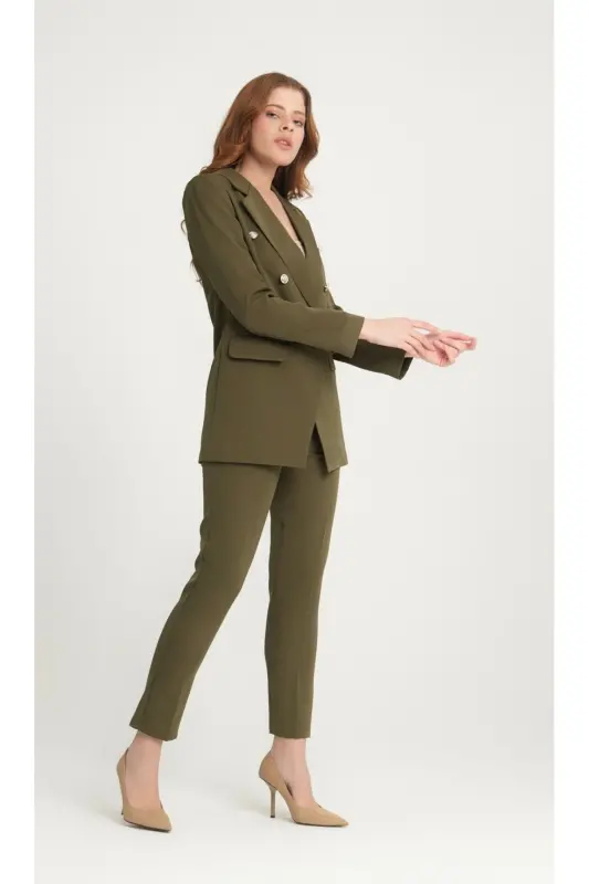 Ayollar Blazer Kurtka Kamarli Shim Kostyumi To'q Haki-Haki - 2