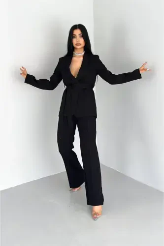 Ayollar bog'lamli soxta cho'ntakli kamarli ro'mol yoqali blazer kurtka quvur paça elastik shim kostyum-qora - 3