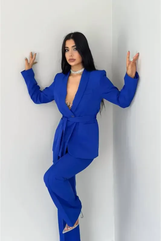 Ayollar bog'lamli soxta cho'ntakli kamarli ro'mol yoqali blazer kurtka truba shimli elastik shim kostyumi - Saks ko'k - 2