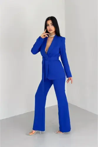Ayollar bog'lamli soxta cho'ntakli kamarli ro'mol yoqali blazer kurtka truba shimli elastik shim kostyumi - Saks ko'k - 4