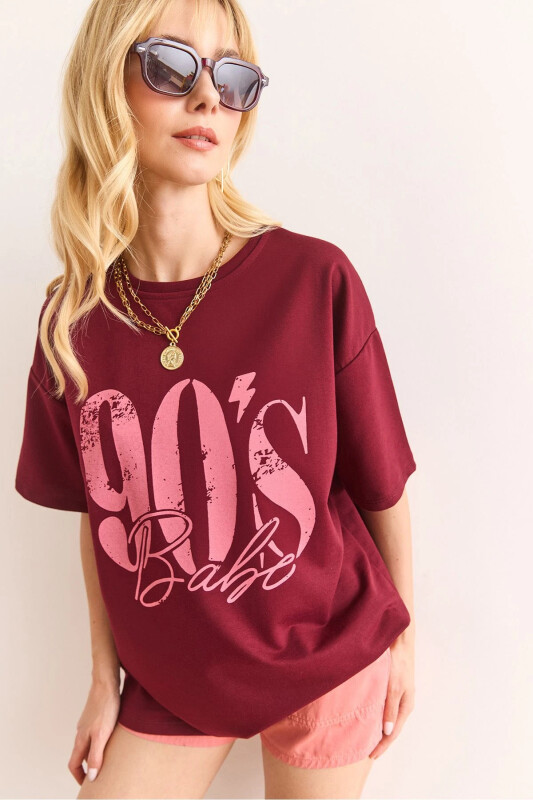 Ayollar Bordo 90'S bosma 2 Ip Relaxed Fit futbolka T - OLALOOK