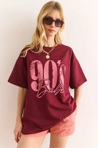 Ayollar Bordo 90'S bosma 2 Ip Relaxed Fit futbolka T - 3