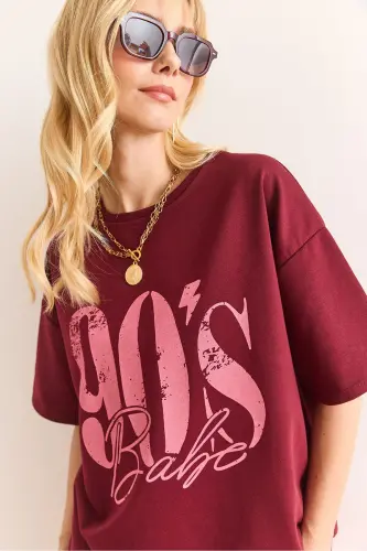 Ayollar Bordo 90'S bosma 2 Ip Relaxed Fit futbolka T - 5