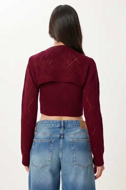 Ayollar Bordo Balıkçı Yaka Triko Atlet Crop To'plam MT00153-Bordo - 7