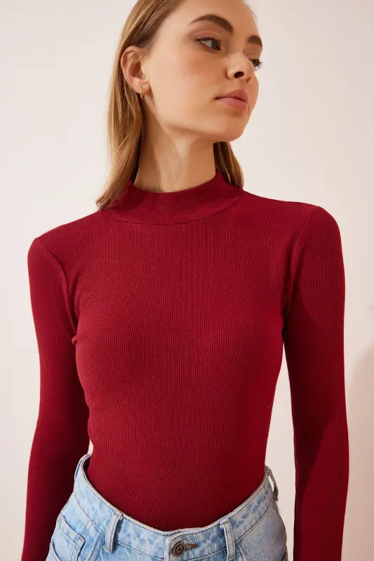 Ayollar Bordo Balıkçı Yoqalı Fitilli Trikotaj Bluz GT00054-Bordo - 1