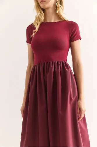 Ayollar Bordo bezakli qisqa yengli midi ko'ylak ELB-19002 - 5