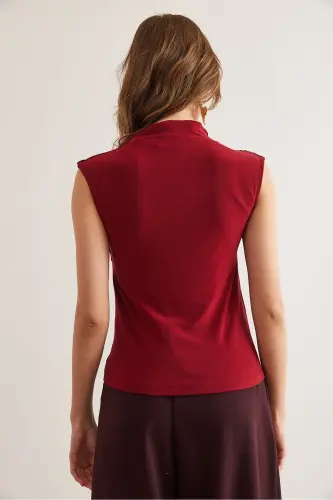 Ayollar Bordo Drape Detalli Beli Tugmali Sandy Bluz - OLALOOK (1)