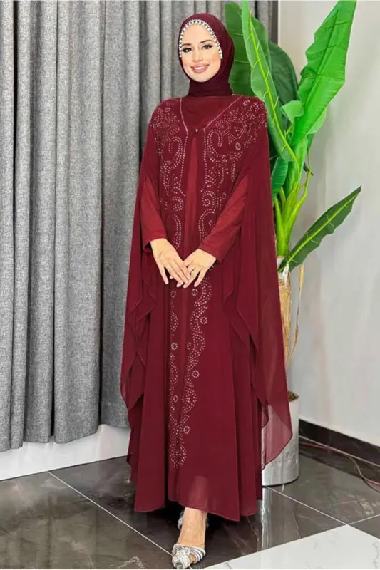 Ayollar Bordo Kashtali To'lli Ikki qismli Ferace Kostyumi T 6773-BORDO - 2