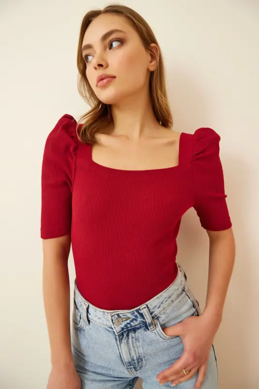 Ayollar Bordo Kvadrat Yoqali Fitilli Crop Bluz GT00007-Bordo - 2
