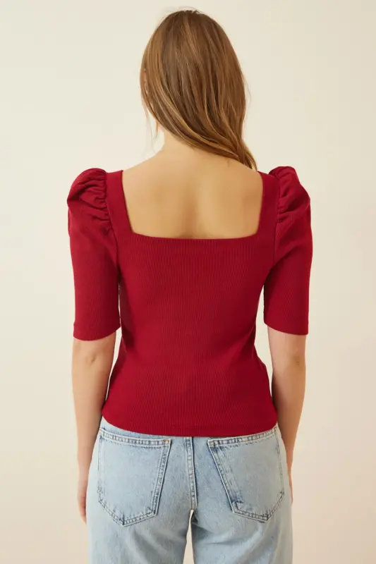 Ayollar Bordo Kvadrat Yoqali Fitilli Crop Bluz GT00007-Bordo - 3